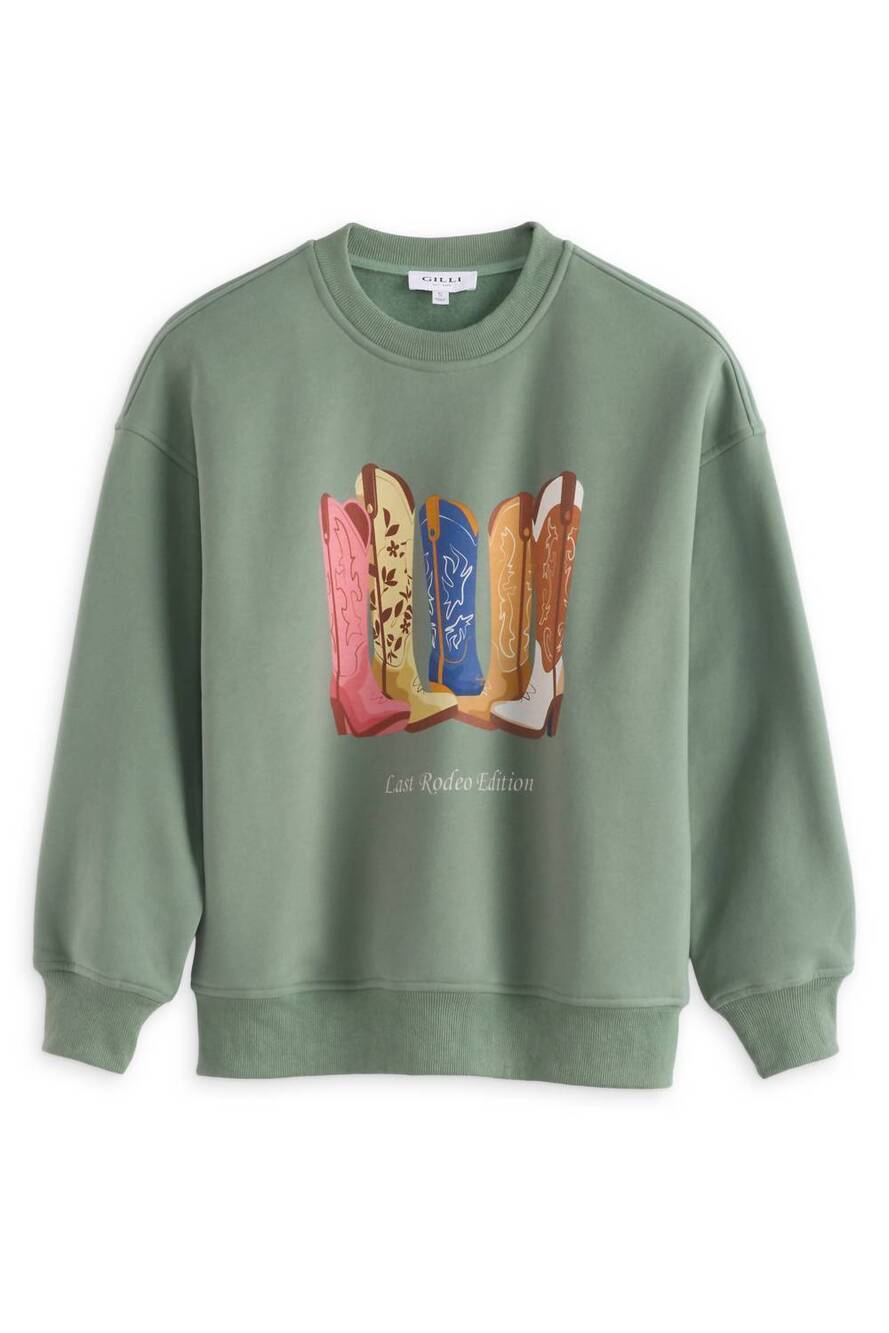 NEW GILLI women's selene knit graphic sweatshirt in olive